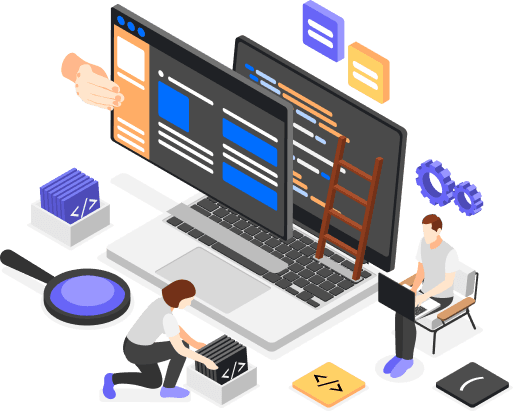 Conversion-Focused Web Design Illustration of two developers building a responsive website with PHP, HTML, CSS, and C++ language tags