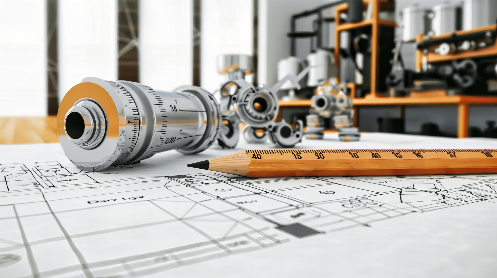 Industrial Process Engineering Optimization Photo of precision engineering tools and gears on top of technical blueprint drawings