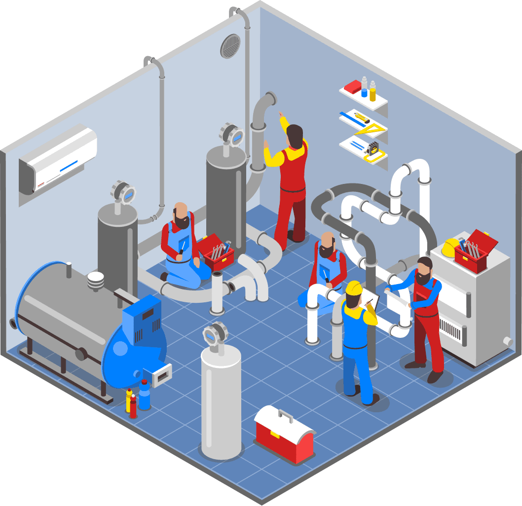 Piping Isometric Drawing Isometric line drawing of an industrial piping and process equipment system with tanks, valves, and control panels
