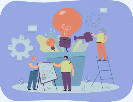 Sustaining Engineering Illustration of a team nurturing a plant growing into a lightbulb surrounded by gear icons