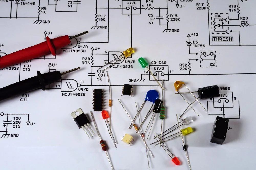 A table displaying electrical components and circuit boards for Electrical Schematic Design & Drawing